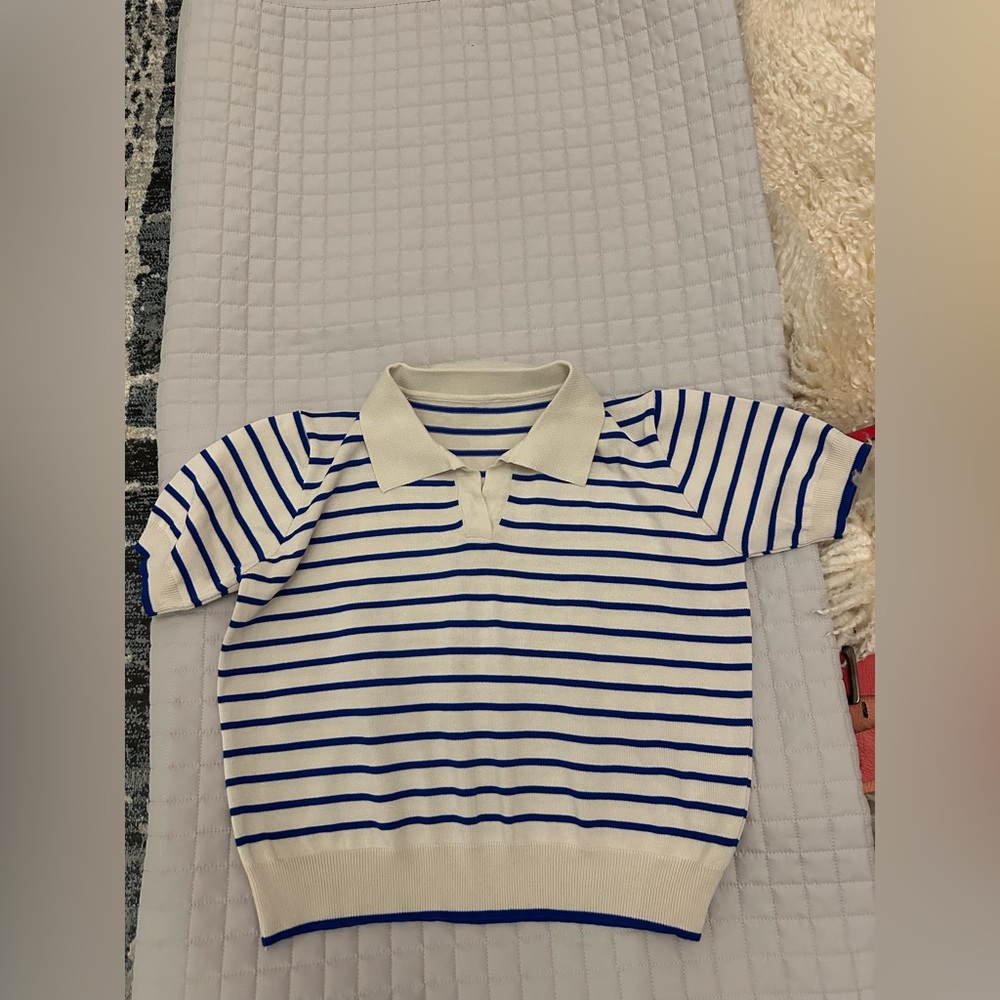Blue and White Striped Kids Polo Shirt - Picture 1 of 2